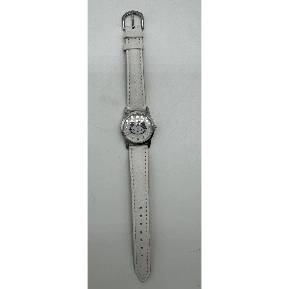 Sanrio Hello Kitty White Leather Strap Watch HKAQ5875H15 Japan Movt Floral Face